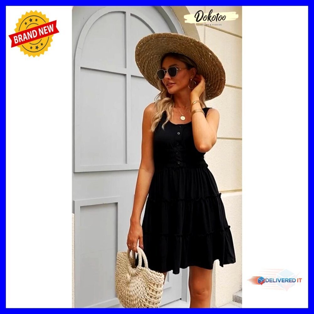 Sleeveless Smocked Empire Waist Tiered Ruffle Mini Dress Summer Casual Swing - Picture 7 of 7